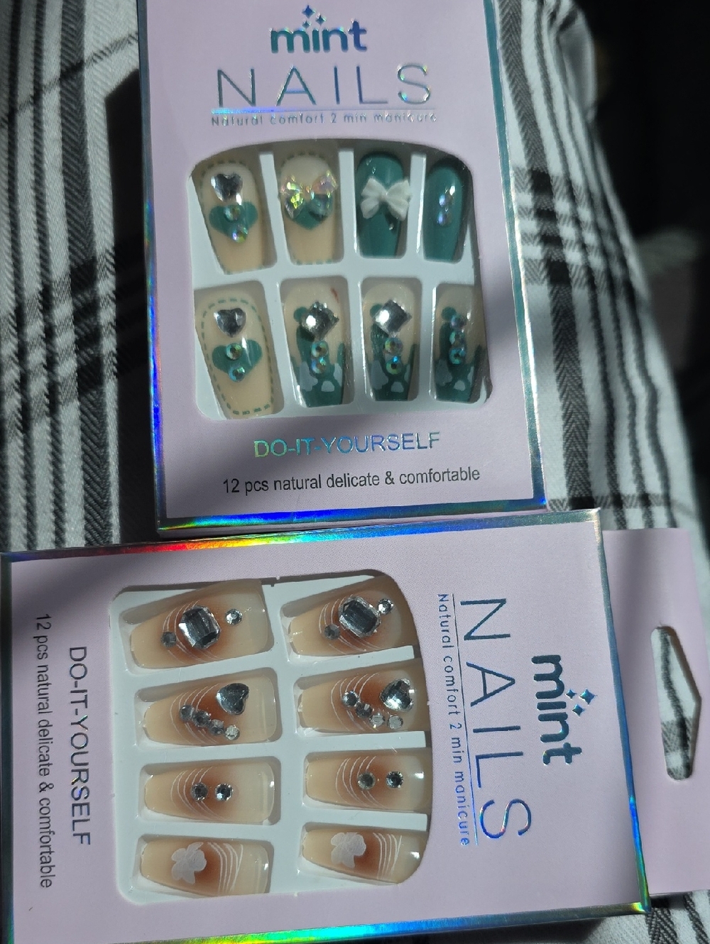 Mint Nails Teal and Nude Decorative Press-On Nail Sets with Rhinestones
